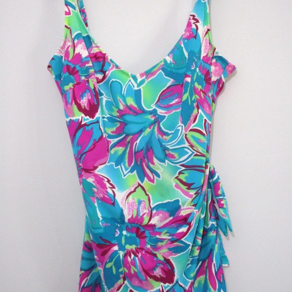 42D Tropical One Piece Shaper Swimsuit Bright Teal Pink Lime - Picture 3 of 10